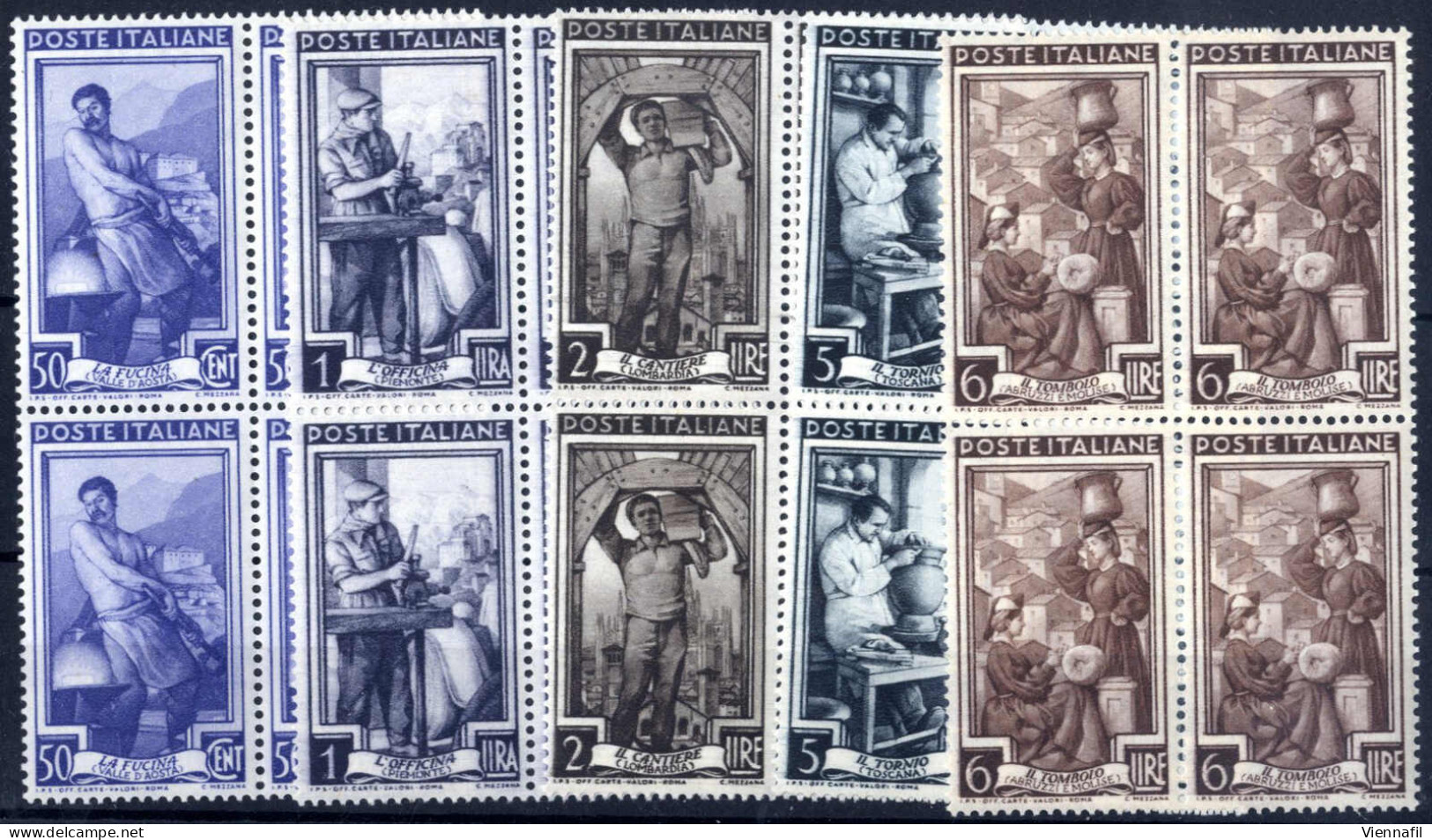 ** 1945-50, Lotto Composto Da Due Serie Complete "Democratica" E "Italia Al Lavoro" In Quartine, Inoltre Segnatasse 500  - Altri & Non Classificati