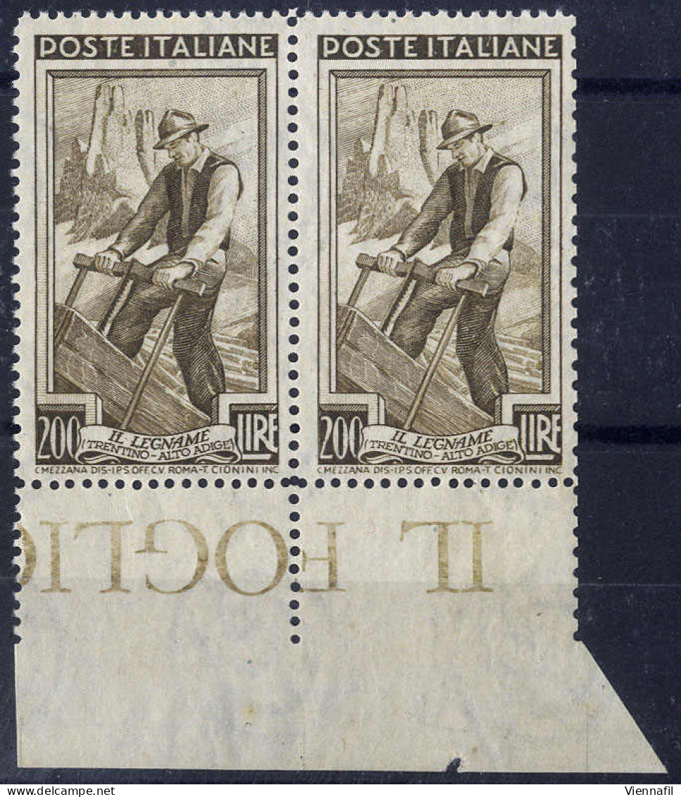 **/pair 1950, Italia Al Lavoro, 200 L. Dentellato 14¼x13¼ In Coppia Con Bordo Inferiore Ove L' Esemplare Di Destra è Den - Andere & Zonder Classificatie