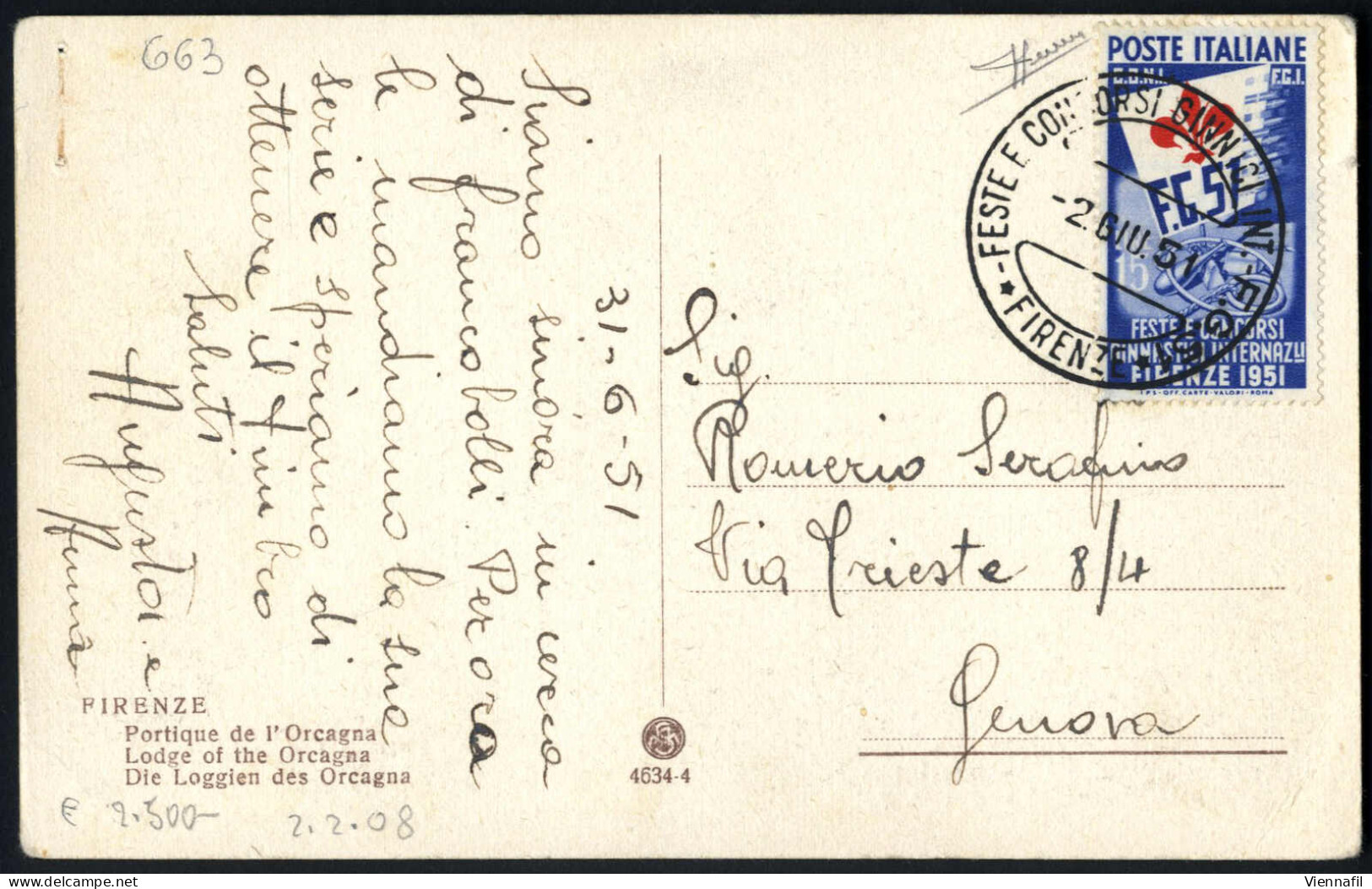 Cover 1951, Cartolina Illustrata Del 2.6.1951 Da Firenze A Genova, Affrancata Con "Ginnici" 15 L. Oltremare E Rosso, Ann - Otros & Sin Clasificación