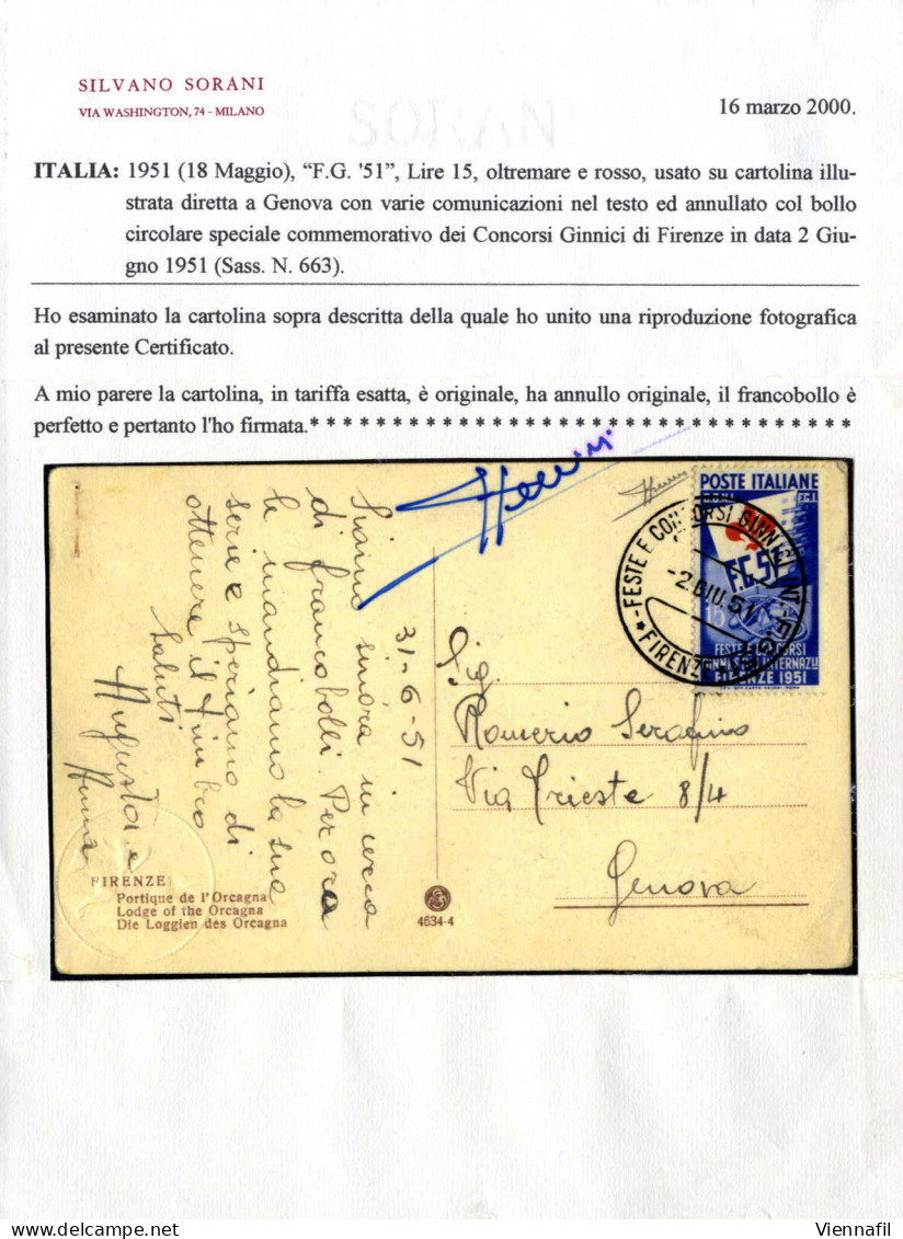 Cover 1951, Cartolina Illustrata Del 2.6.1951 Da Firenze A Genova, Affrancata Con "Ginnici" 15 L. Oltremare E Rosso, Ann - Otros & Sin Clasificación