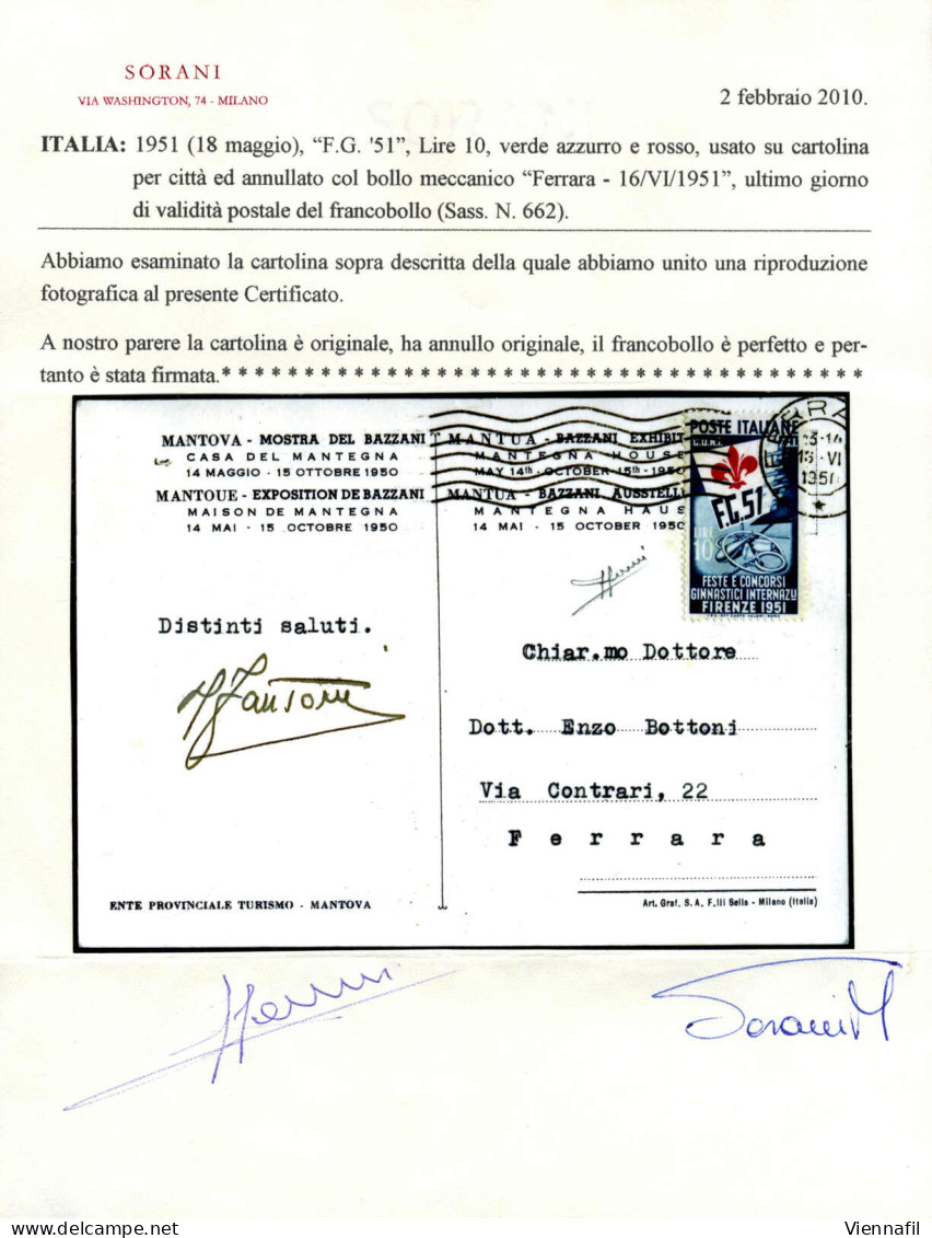Cover 1951, Cartolina Postale Del 16.6.1951 Per Città Affrancata Con 10 L. Verde Azzurro E Rosso, Annullato Con Il Bollo - Otros & Sin Clasificación