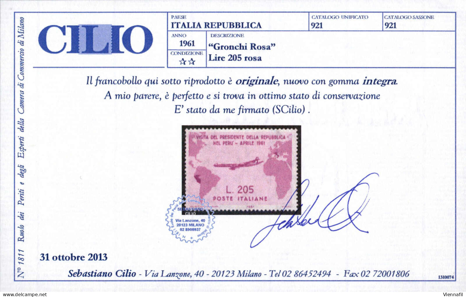 ** 1961, GRONCHI ROSA, 205 L. Lilla Rosa Nuovo Con Gomma Originale Integra, Cert. Cilio (Sass. 921, € 1.900) - Altri & Non Classificati