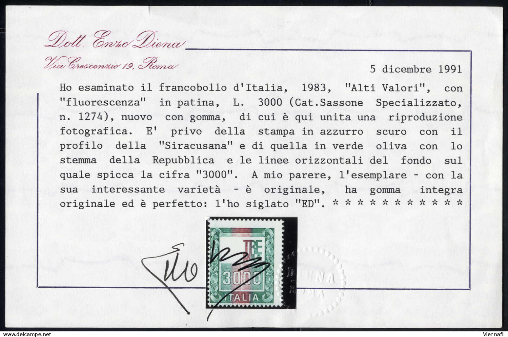 ** 1983, "alto Valore" Da 3.000 L. Privo Della Stampa In Azzurro Scuro Con La Testina Dell'Italia Turrita Ed In Verde Ol - Andere & Zonder Classificatie