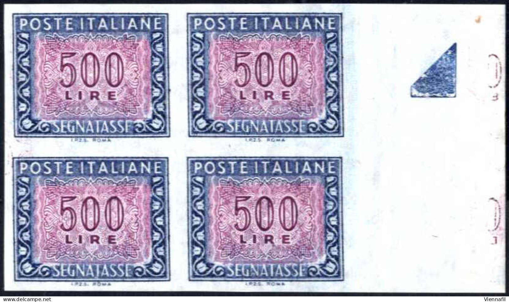 ** 1955, Segnatasse 500 L. Azzurro E Carminio In Blocco Di Quattro Bordo Di Foglio A Destra, Non Dentellato, Nuovo Con G - Otros & Sin Clasificación