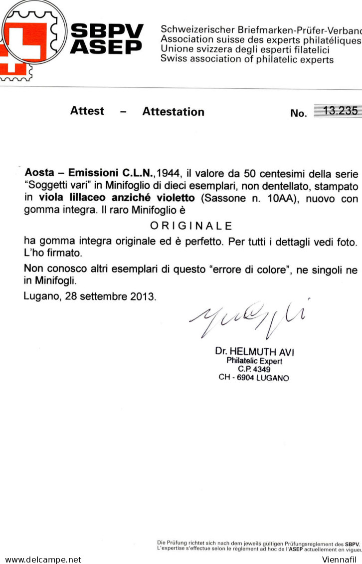 ** 1944, Emissione C.L.N. 50 C. Della Serie "Soggetti Vari" In Minifolgio Da 10 Esemplari Non Dentellato, Stampato In Co - Comité De Libération Nationale (CLN)