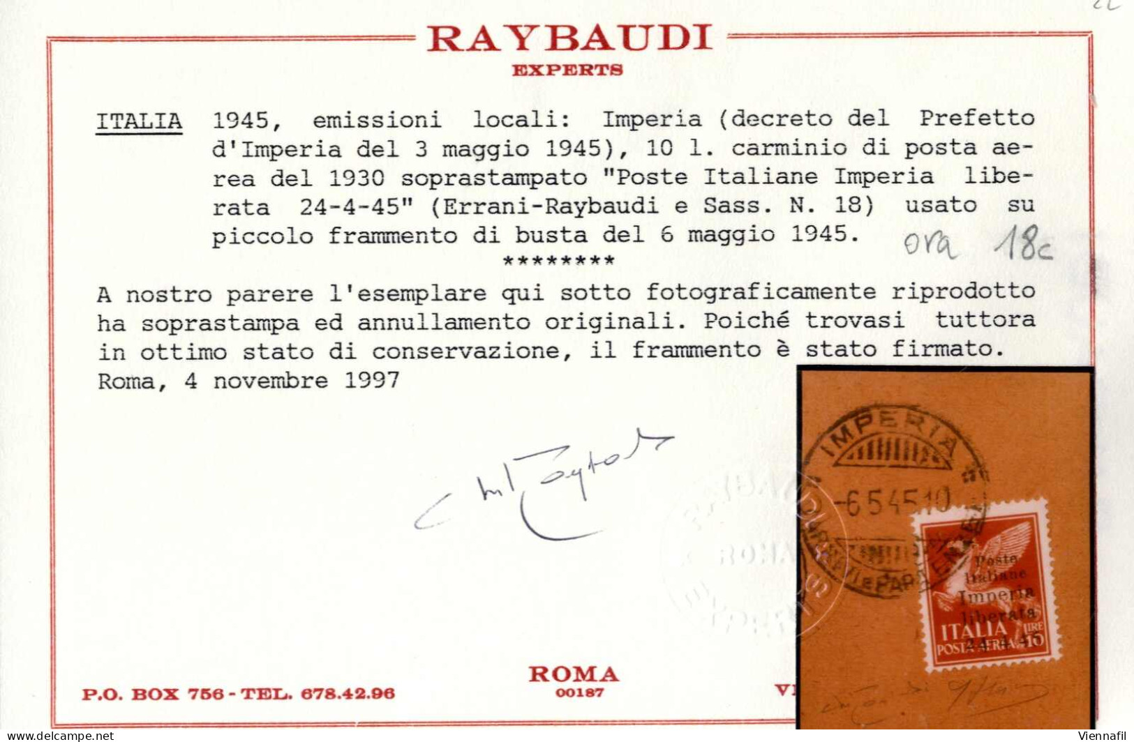 Piece 1945, Emissione Locale Di Imperia, 10 L. Carminio Di Posta Aerea Del 1930 Con Soprastampa "Poste Italiane Imperia  - Comite De Liberación Nacional (CLN)