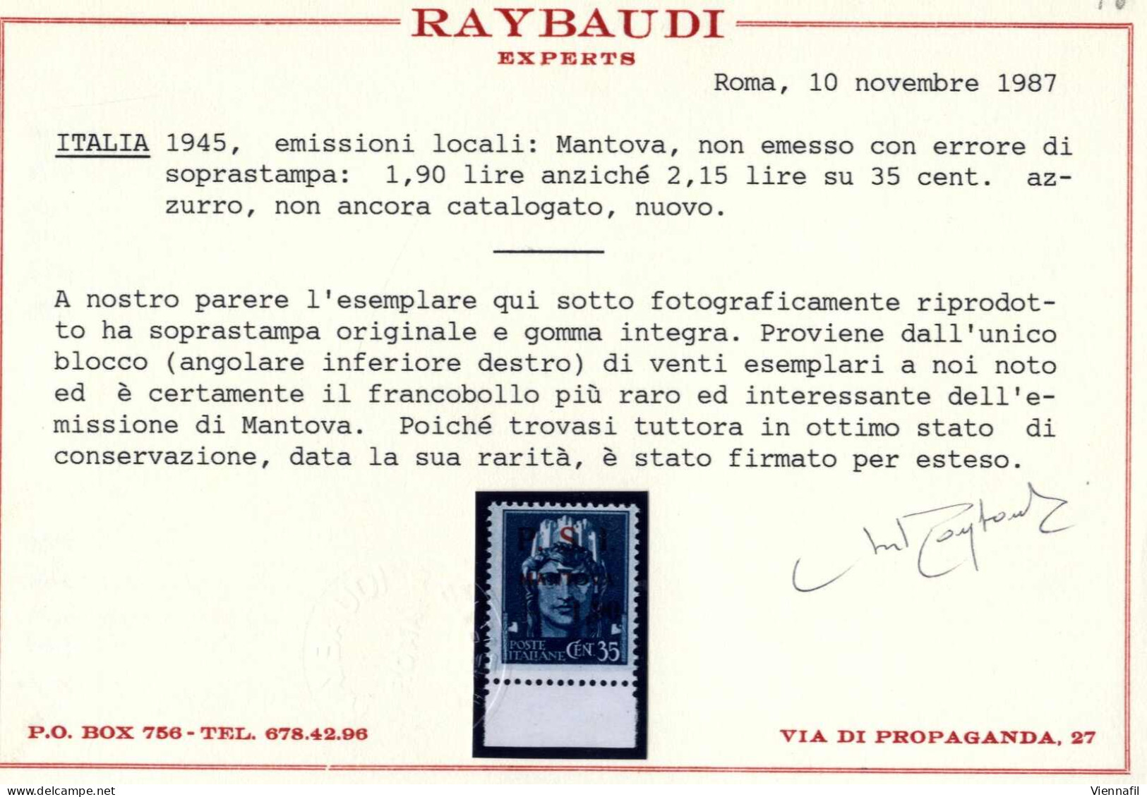 ** 1945, Emissione Locale Di Mantova, Luogotenenza 35 C. Azzurro Con Errore Di Valore "1,90" Anzichè "2,15", Pos. 96, Nu - Nationales Befreiungskomitee