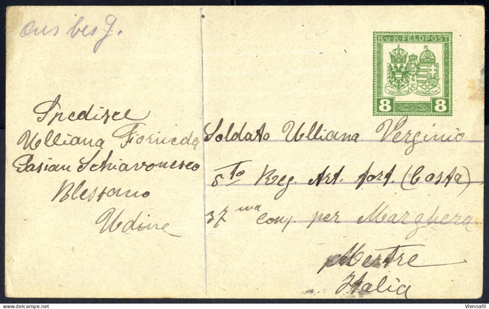 */cover 1917-18, Lot von 9 Feldpostkarten aus den besetzten Gebieten Italiens mit verschiedenen Stempeln (darunter Tolme