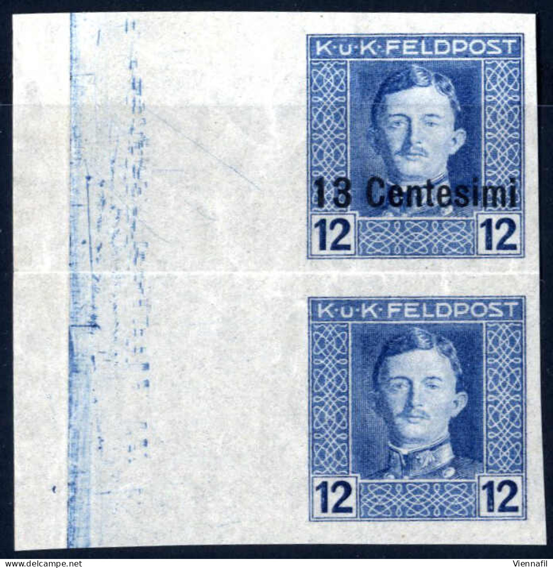 Pair/(*) 1918, 13 Centesimi Auf 12 H. Blau, Ungezähntes Senkrechtes Paar Mit Linkem Bogenrand, Die Untere Marke Ohne Auf - Autres & Non Classés