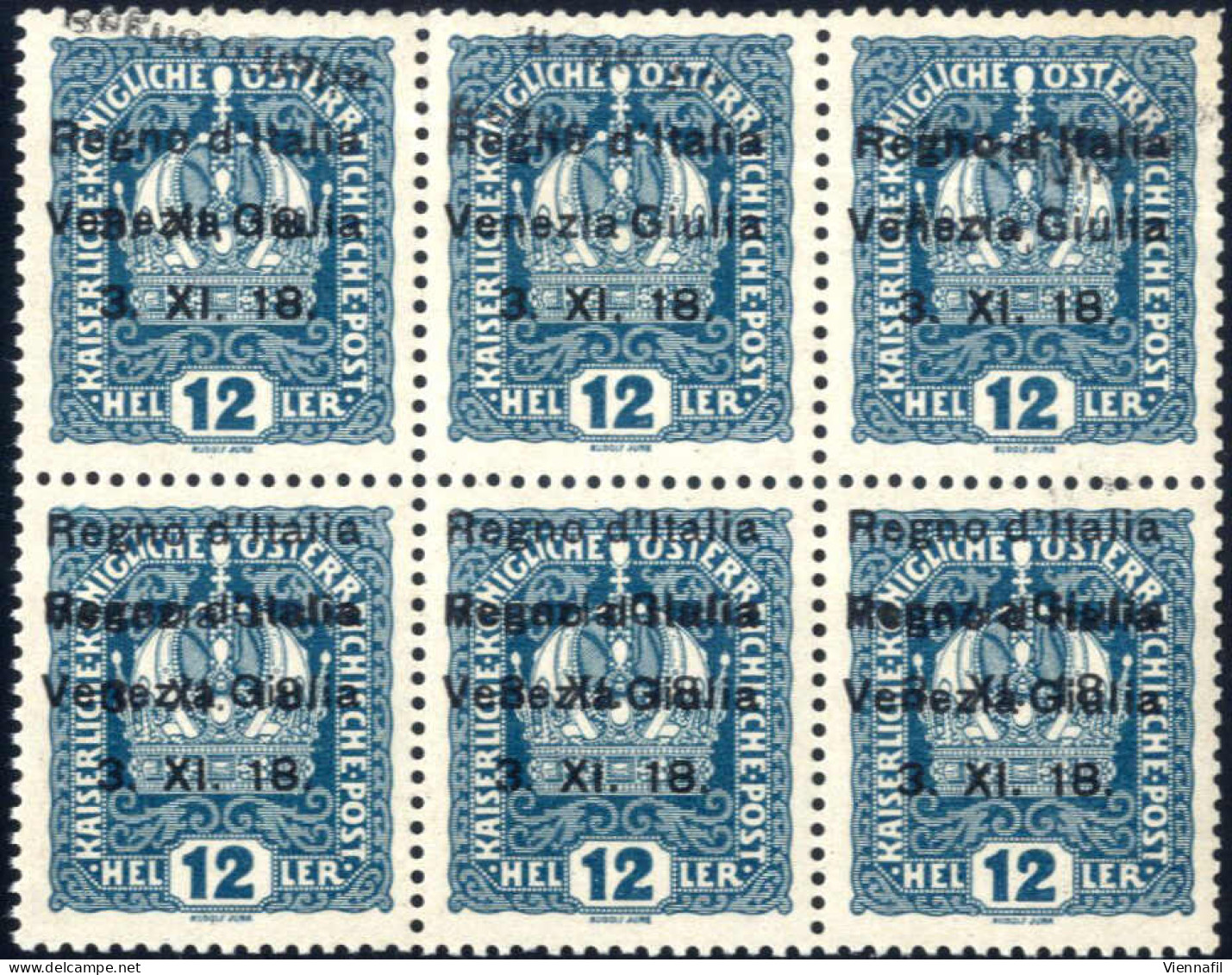 ** 1918, 12 Heller Verde Azzurro In Blocco Di Sei Con Doppia Soprastampa "Regno D'Italia / Venezia Giulia / 3. XI. 18.", - Vénétie Julienne