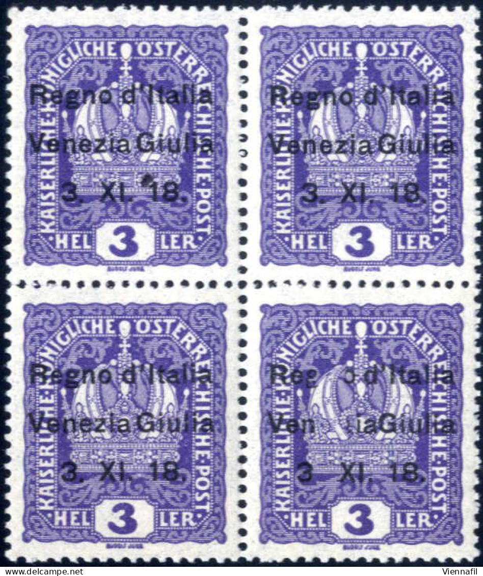 **/bof 1918, 3 Heller Violetto In Blocco Di Quattro Con Soprastampa "Regno D'Italia / Venezia Giulia / 3. XI. 18.", Nuov - Venezia Giuliana