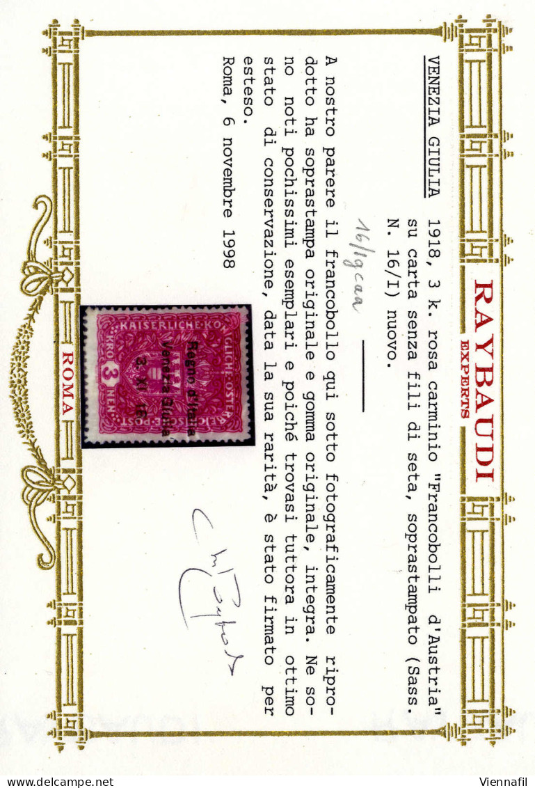 ** 1918, Francobolli D'Austria Soprastampati, 3 K. Rosa Carminio Carta Senza Fili Di Seta Più Soprastampa Spostata A Des - Venezia Giuliana