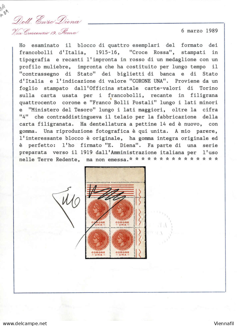 **/bof 1918-19, Serie Di Cinque Alti Valori In Quartine Angolo Di Foglio Superiore Destro Recanti L'impronta In Rosso Di - Vénétie Julienne