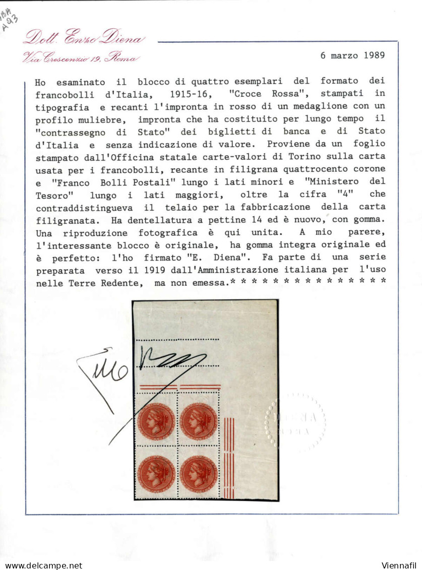 **/bof 1918-19, Serie Di Cinque Alti Valori In Quartine Angolo Di Foglio Superiore Destro Recanti L'impronta In Rosso Di - Vénétie Julienne