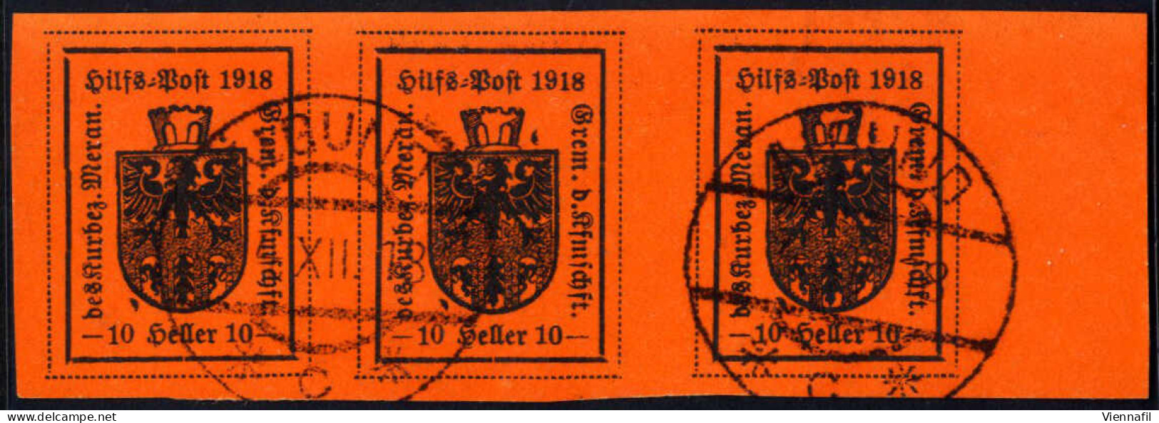 O 1918, 10 H. Arancio Su Carta Ruvida E Opaca, Striscia Orizzontale Di Tre Con Bordo Di Foglio A Destra, Annullata Con " - Merano