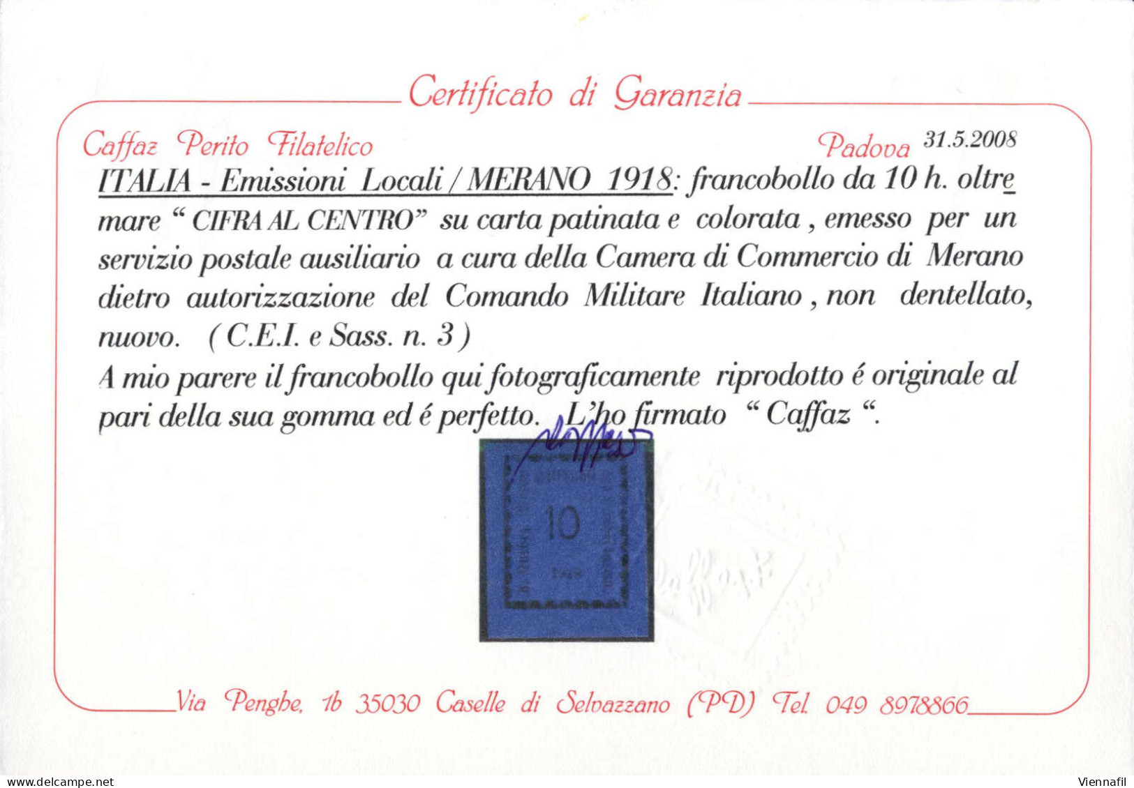 * 1918, 10 H. Oltremare, "Cifra Al Centro", Carta Patinata E Colorata, Ampi Margini, Nuovo Con Gomma Originale E Leggeri - Merano