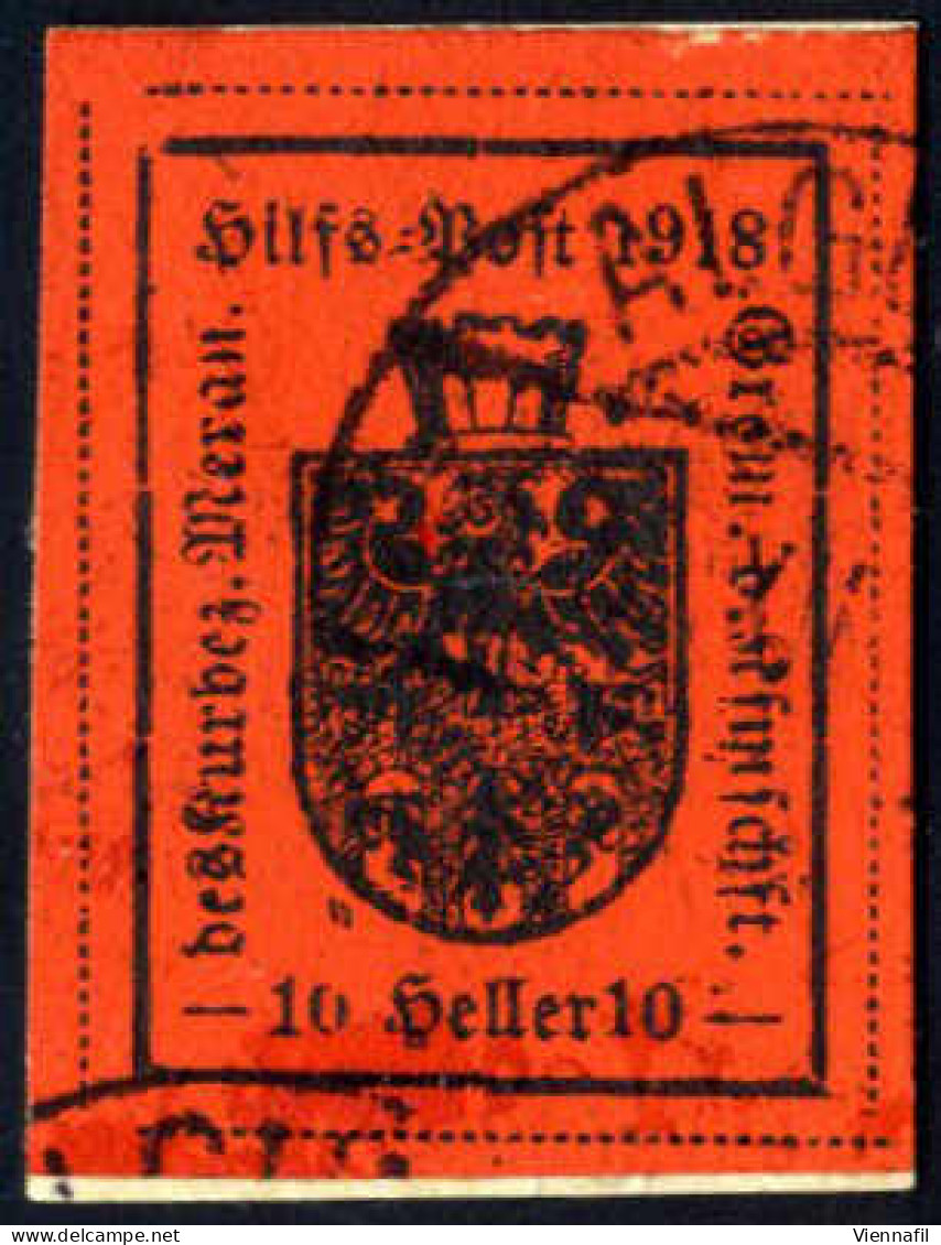 Piece 1918, 10 H. Rosso Mattone, Carta Ruvida E Opaca, III Tipo, Ampi Margini,uato Su Piccolo Frammento, Annullo Parzial - Meran