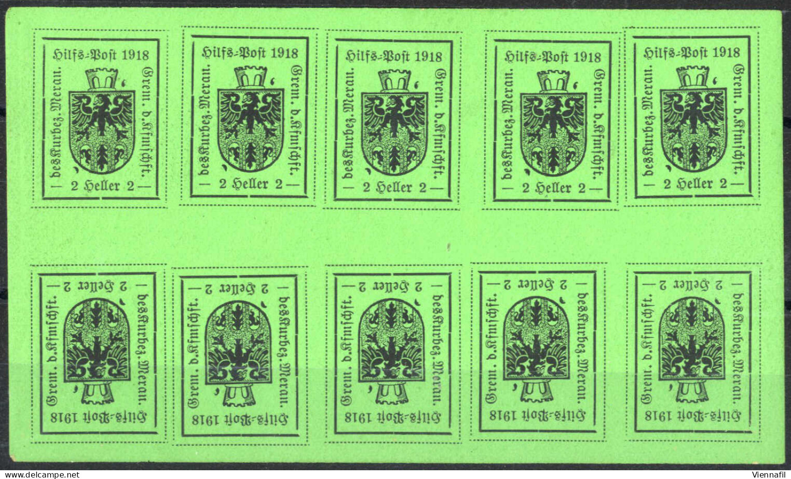 ** 1918, 2 Heller Nero Su Verde Chiaro I Tipo, Minifoglio Di 10 Esemplari Disposti A Tete-beche, Nuovo Con Gomma Integra - Meran