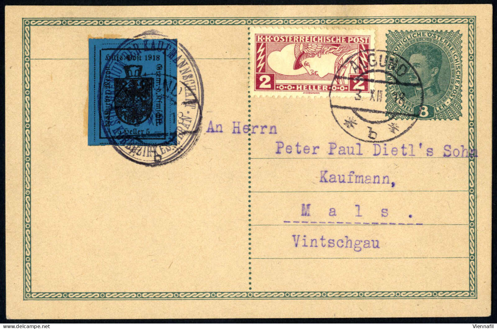Cover 1918, Cartolina Postale Austriaca Con Vignetta 8 Heller Verde Del 3.12.1918 Da Algund Per Mals (Malles) Affrancata - Meran