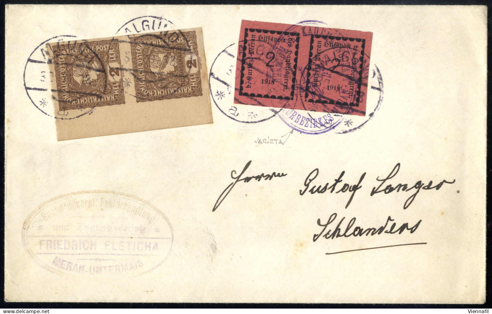 Cover 1918.lettera Del 30.11.1918 Da Algund A Schlanders, Affrancata Con Una Coppia Orizzontale Del 2 H. Rosa (l'esempla - Merano