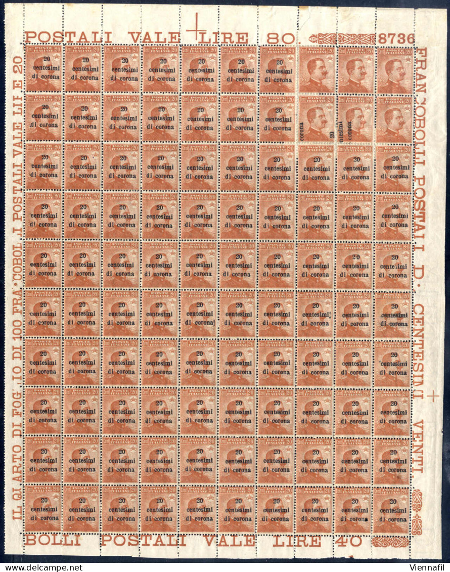 **/* 1919, 20 C. Arancio Con Soprastampa "20 Centesimi Di Corona", Foglio Completo Di 100 Esemplari Con I Bordi Di Fogli - Dalmazia