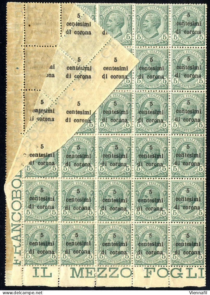 ** 1919, Trento E Trieste, 5 Cent. Blocco Di 60 Con Soprastampa Al Verso Su 3 Esemplari E Sul Bordo, Causata Da Piegatur - Dalmatie