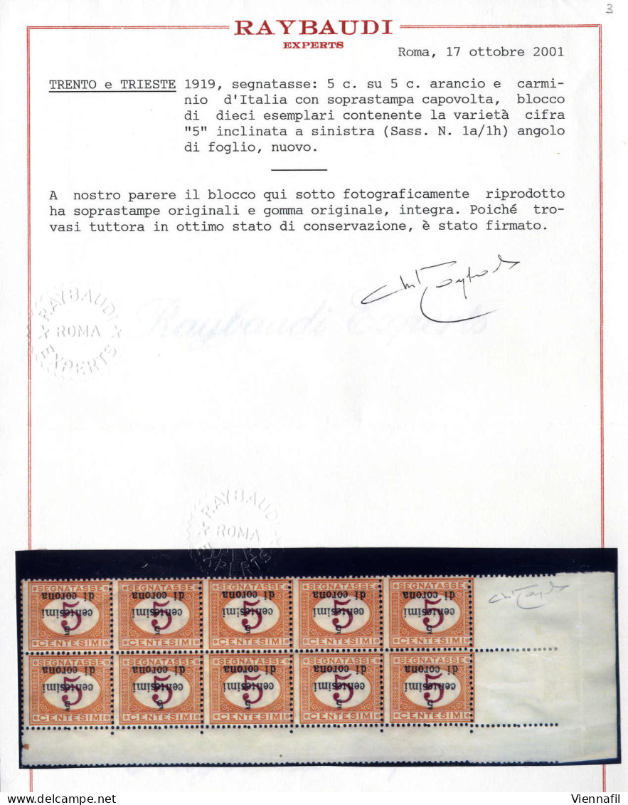 ** 1919, Trento E Trieste, 5 Cent. Blocco Di 10 Con Soprastampa Capovolta E “cifra 5 Inclinata A Sinistra”, Cert. Ray (S - Dalmatie