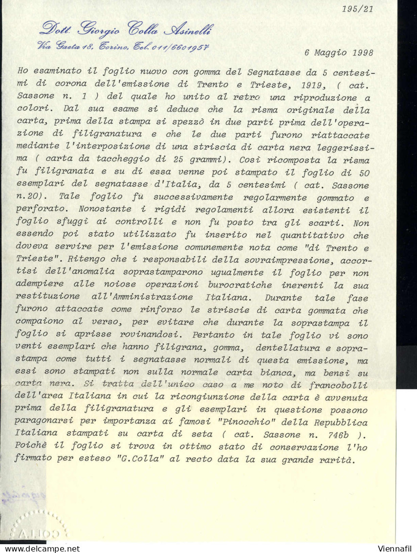 ** 1919, Trento E Trieste, 5 Corone, Foglio Di 100 Di Cui 23 Esemplari Su Carta Sottile Nera Filigranata Usata Per La Ri - Dalmatie