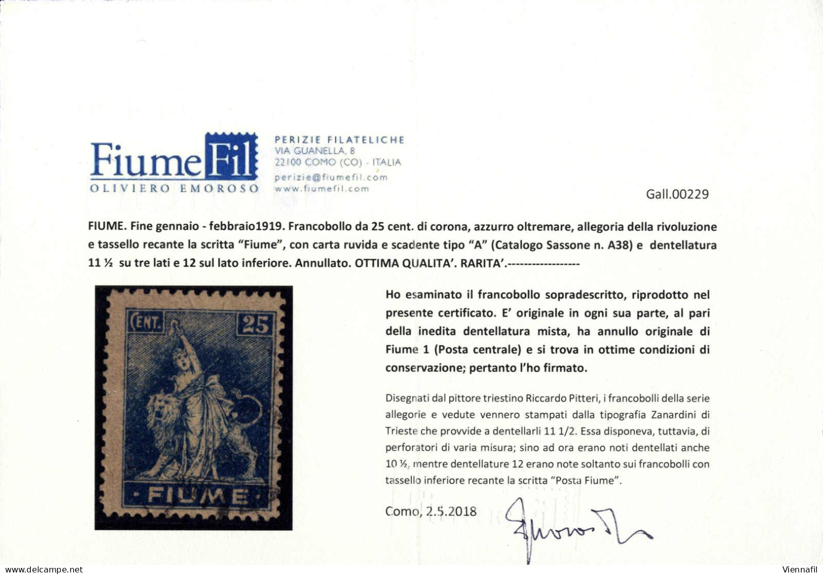 O 1919, 25 C. Di Corona Azzurro Oltremare, Allegoria Della Rivoluzione, Carta Ruvida E Scadente Del Tipo "A", Dent. 11½  - Fiume