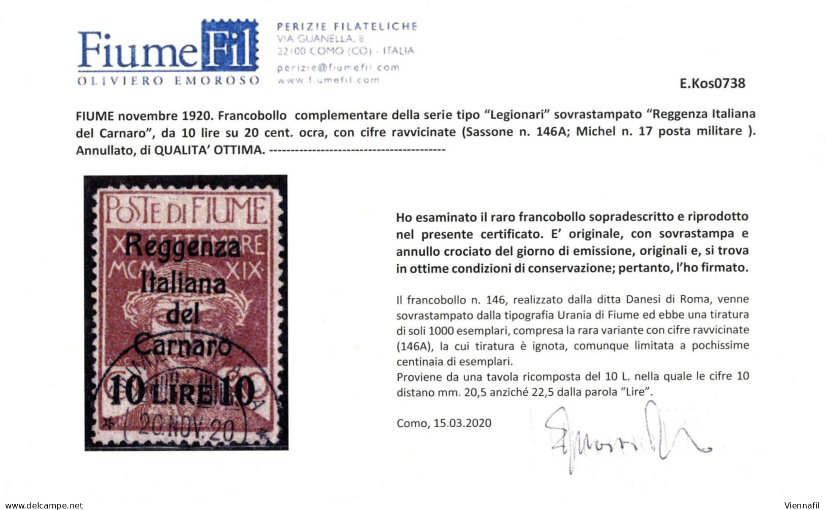 O 1920, Francobollo Complementare Della Serie "Legionari" Con Soprastampa "Reggenza Italiana Del Carnaro" E "10 LIRE 10" - Fiume