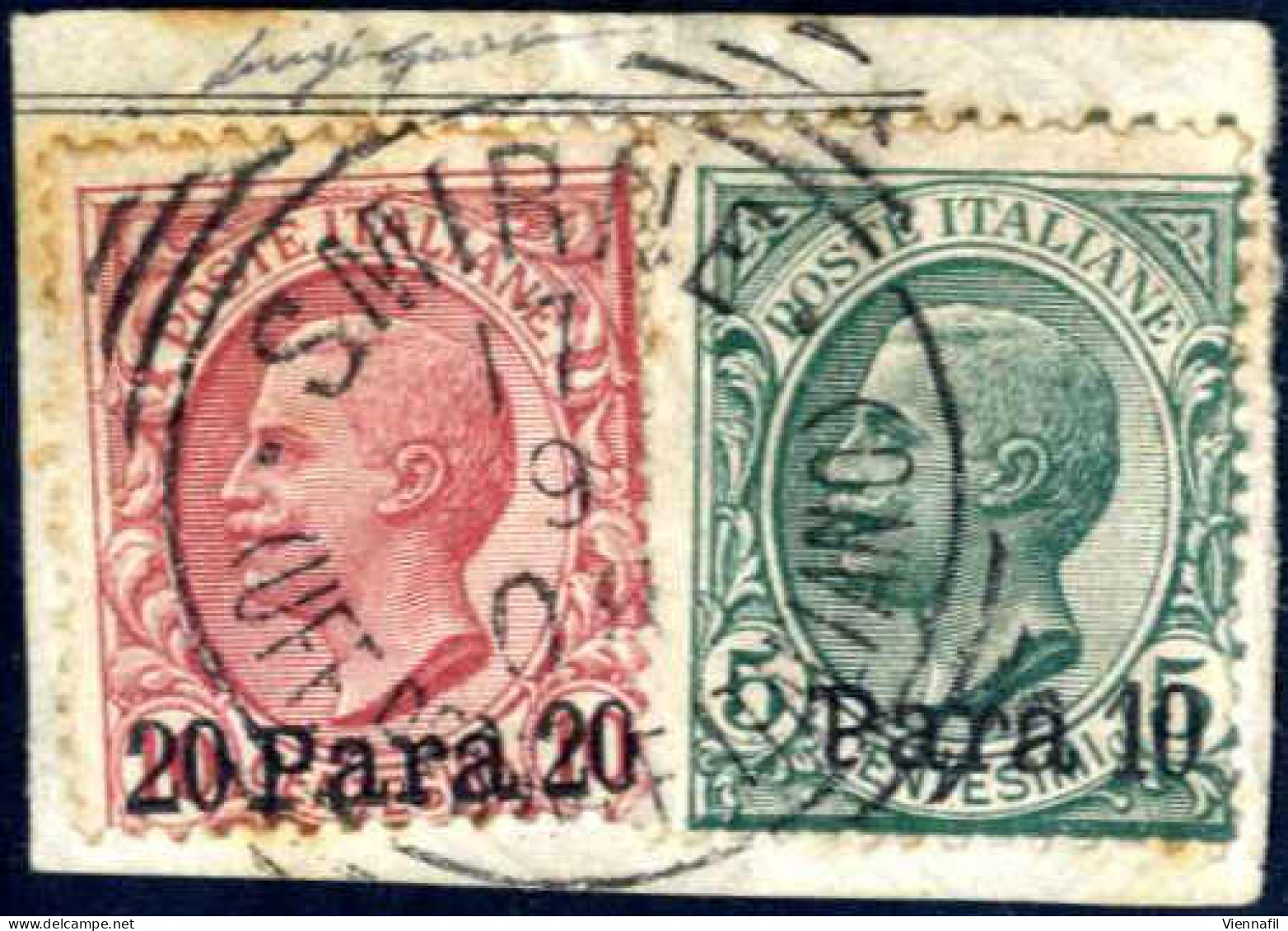 Piece 1908, Piccolo Frammento Di Lettera Affrancato Con 10 Para Su 5 C. Verde E 20 Para Su 10 C. Rosa, Annullo "SMIRNE ( - Albania