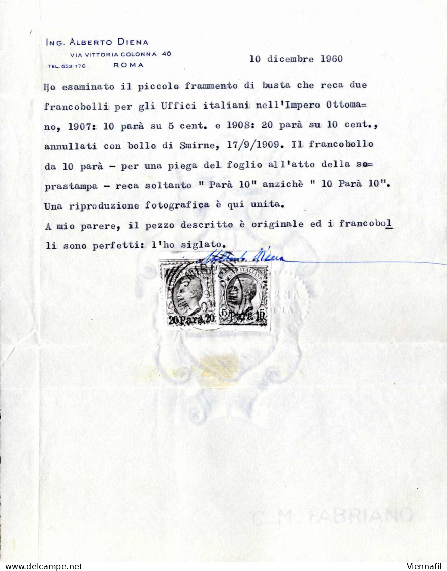 Piece 1908, Piccolo Frammento Di Lettera Affrancato Con 10 Para Su 5 C. Verde E 20 Para Su 10 C. Rosa, Annullo "SMIRNE ( - Albanien