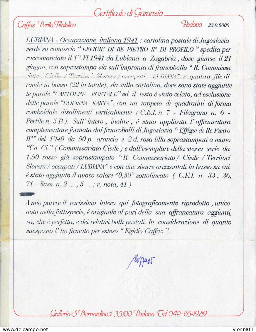 Cover 1941, Cartolina Postale Di Jugoslavia Verde Su Camoscio Con Soprastampa "R.Commissariato/Civile/Territori Sloveni/ - Lubiana