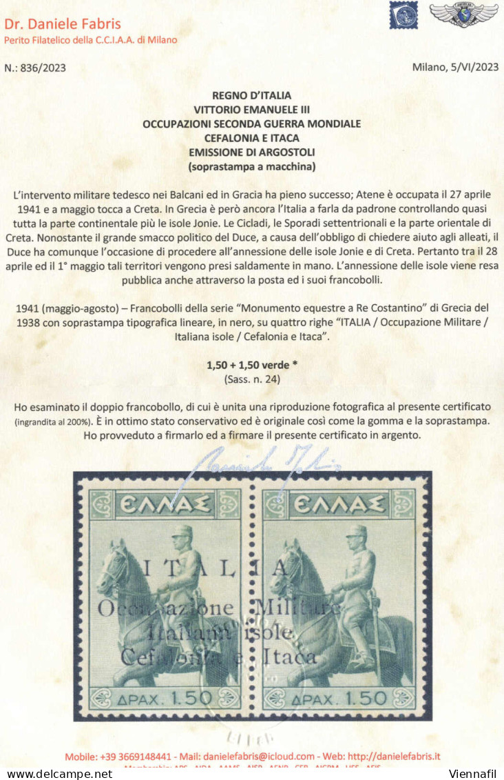 * 1941, Francobollo Della Serie "Re Costantino" 1,50+1,50 Dr. Verde Con Soprastampa Tipografica Lineare Nera Su Quattro  - Cefalonia & Itaca