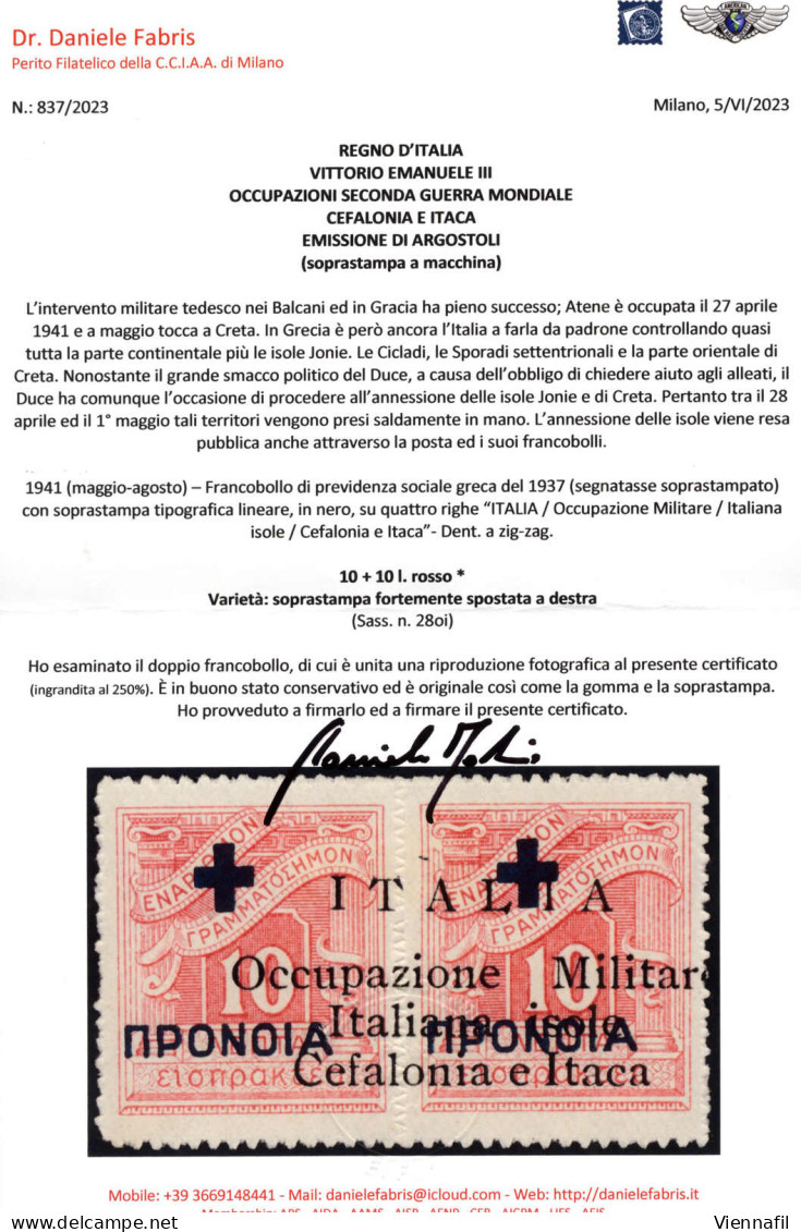 * 1941, Francobollo Di Previdenza 10+10 L. Rosso Con Soprastampa Tipografica Lineare Nera Su Quattro Righe "ITALIA/Occup - Cefalonia & Itaca