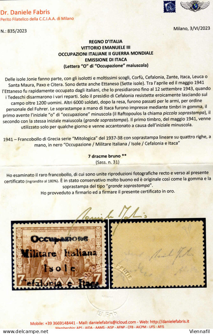 ** 1941. Emissione Di Itaca, 7 Dr. Bruno Con Grande Soprastampa A Mano "Occupazione / Militare Italiana / Isole / Cefalo - Cefalonia & Itaca