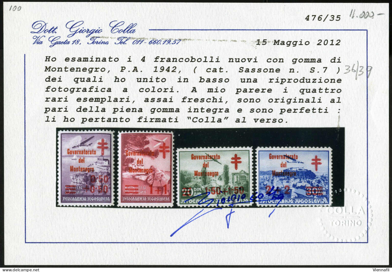 ** 1942, Croce Rossa, Soprastampa Rossa, Serie Completa 4 Valori Nuovi Con Gomma Integra, Cert. Colla, Sass. 36-39 - Montenegro