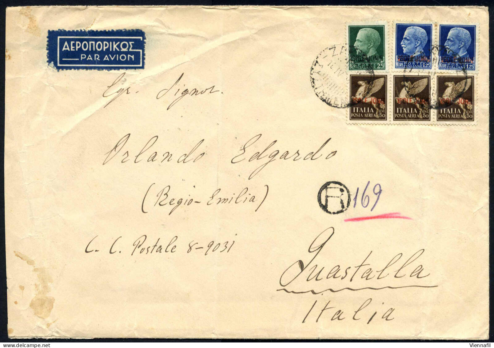 Cover 1942, Lettera Aerea Raccomandata Da Zante Il 16.4 Per Guastalla, Affrancata Con 25 C, Due 1,25 L, E Striscia Di Tr - Ionische Eilanden