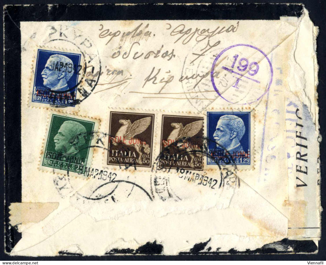 Cover 1942, Lettera Raccomandata Aerea Da Corfù Il 18.3 Per Pireo, Affrancata Sul Verso Con 25 C, Due 1,25 L, E Coppia A - Ionische Eilanden