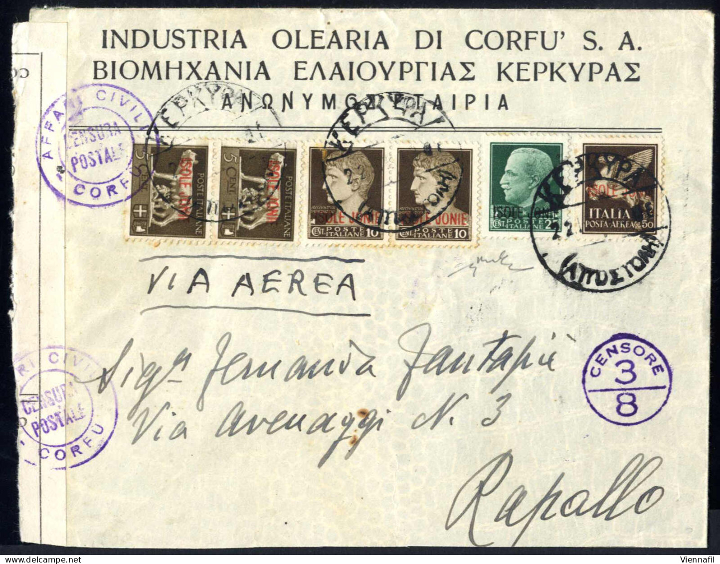 Cover 1943, Lettera Aerea Da Corfù Il 22.4 Per Rapallo, Affrancata Con Due 5 C., Coppia Del 10 C. Un 25 C E Aerea Da 50  - Ionische Inseln