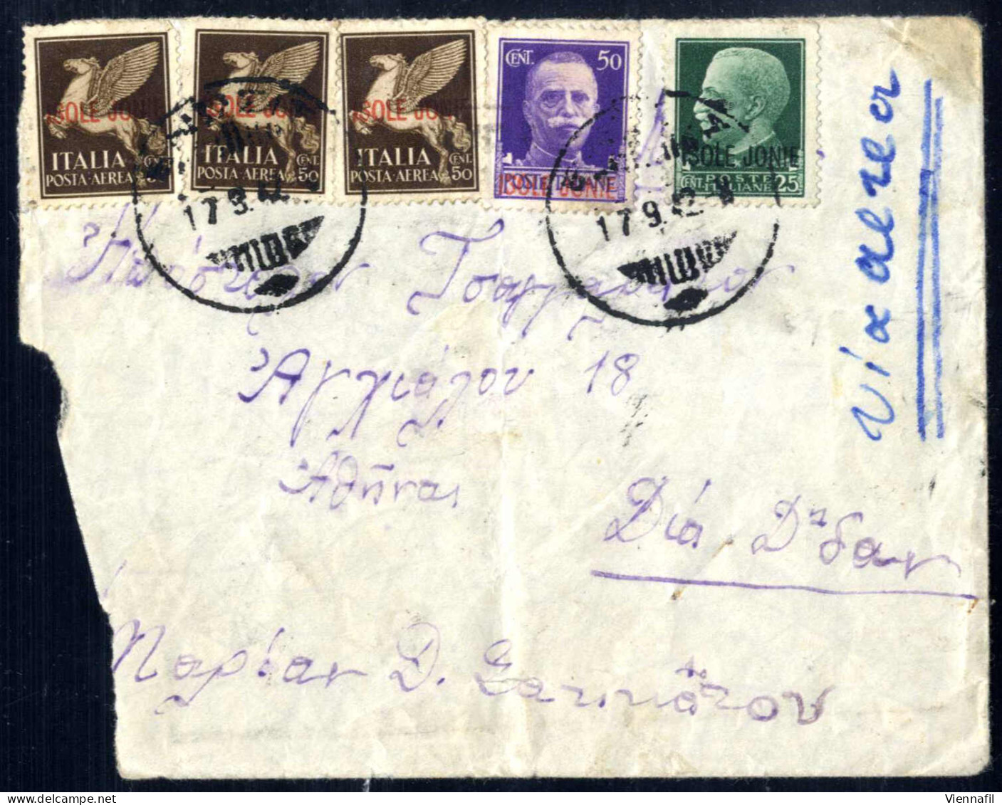 Cover 1942, Lettera Aerea Del 17.9 Per Atene, Affrancata Con 25 C, 50 C, E Tre Esemplari Dell'aerea Da 50 C., Censurata, - Islas Jónicas