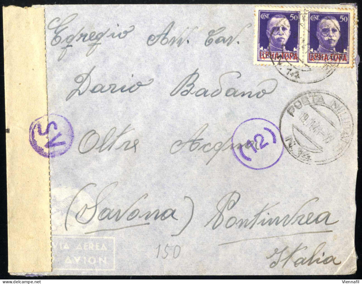 Cover 1941, Lettera Aerea Della "Posta Militare N° 14" Del 19.11 Per Pontinvrea, Affrancata Con Coppia 50 C. Violetto, C - Ionische Inseln