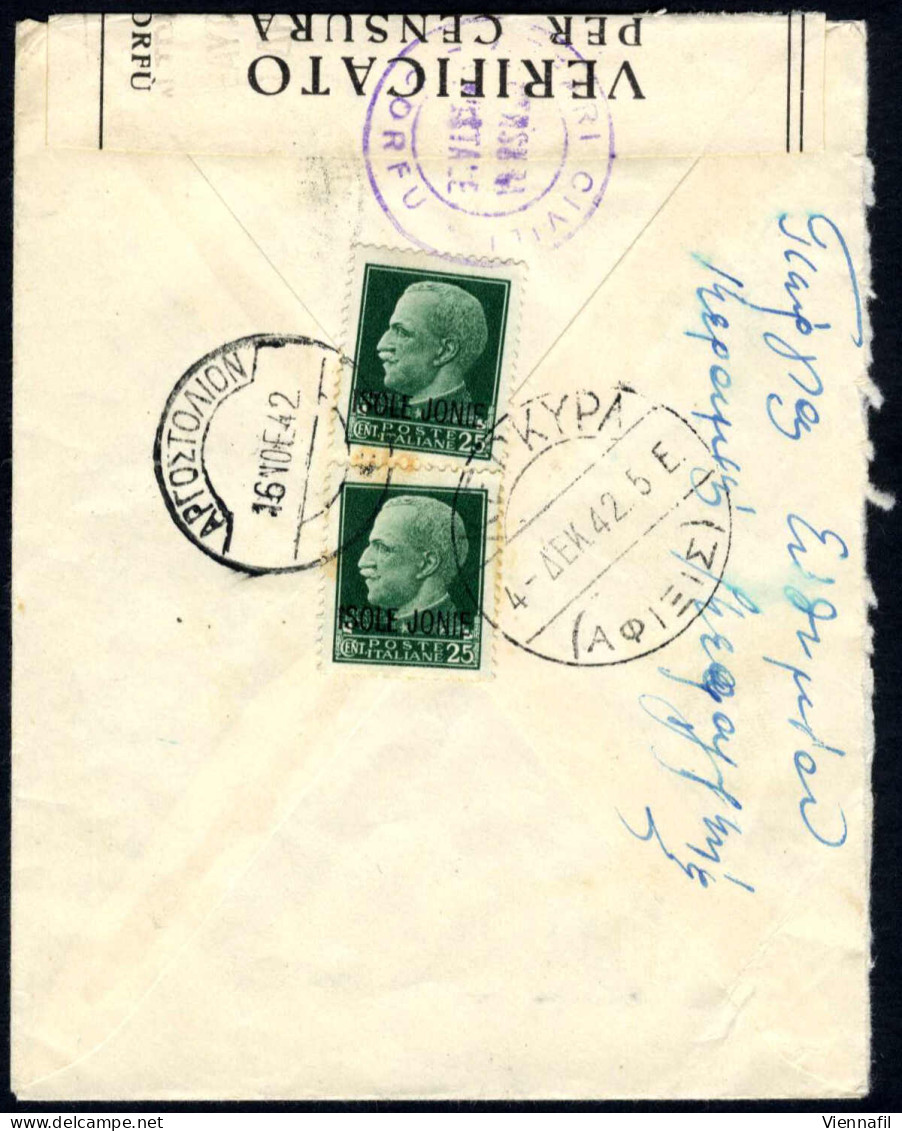 Cover 1942, Lettera Da Argostoli Il 16.11 Per Atene Via Corfù, Affrancata Sul Verso Con Coppia Verticale 25 C. Verde, Ce - Ionische Inseln