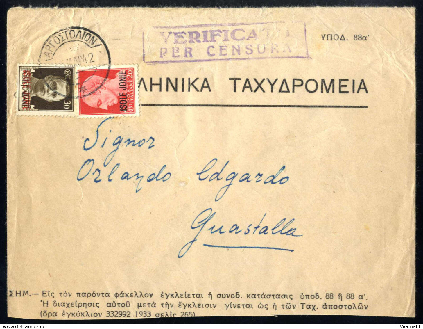 Cover 1942, Lettera Da Corfù Il 25.3 Per Guastalla, Affrancata Con 20+30 C., Censurata, Sass. 3,5 - Islas Jónicas