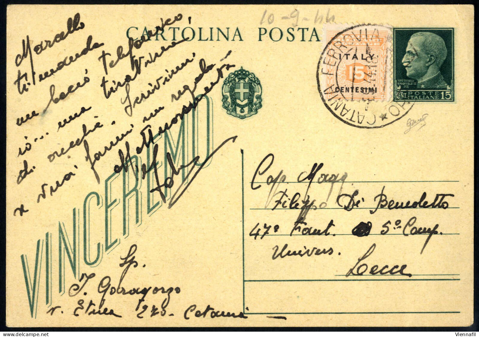 Cover 1944, Intero Postale VINCEREMO Di 15 Cent. Con Affrancatura Aggiuntiva Di 15 Cent. AMGOT Per La Tariffa Delle Cart - Correo Militar (PM)