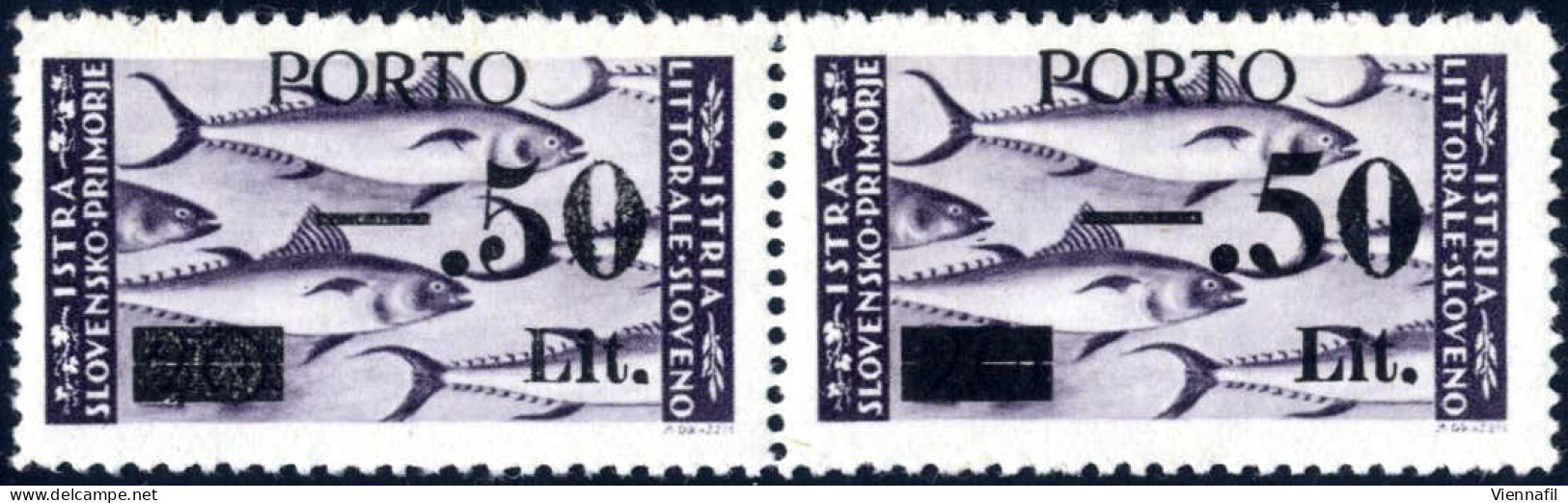 ** 1946, "PORTO" E -.50 L. Su 20 L. Violetto, Coppia Orizzontale Con Tassello Del III Tipi E Con Soprastampa In Caratter - Occup. Iugoslava: Istria