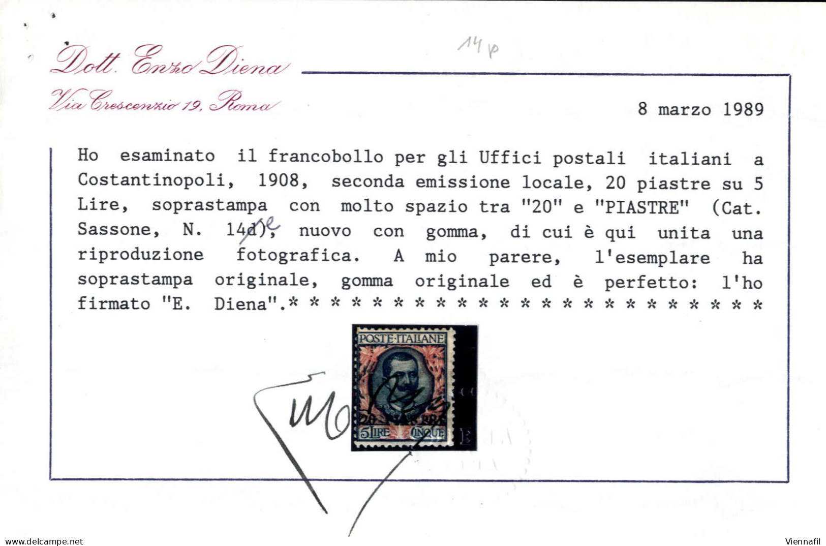 * 1908, 20 Piastra Con Molto Spazio Fra "0" E "P", Rarità,cert. ED, Sass 14p / 32000.- - Unclassified