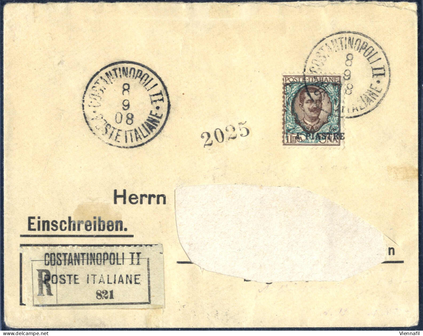 O 1908, 4 Pia Soprastampa Spostata A Destra Su Lettera Per La Germania (indirizzo Ritagliato), Valutato Come Usato, Sass - Zonder Classificatie