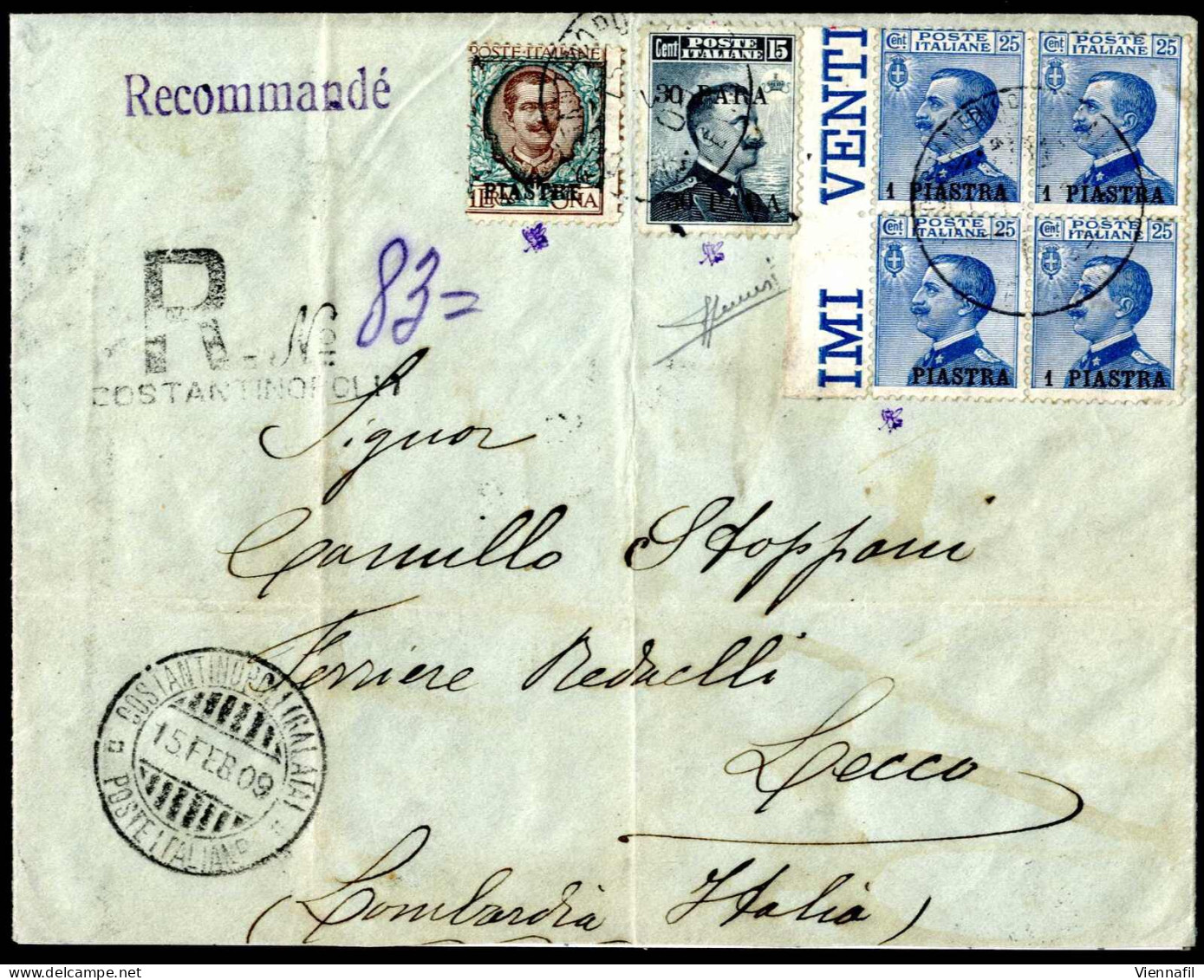 Cover 1909, Raccomandata Del 15.2.1909 Da Costantinopoli A Lecco, Affrancata Con 30 Pa. Su 15 C. Grigio Nero Con Doppia  - Unclassified