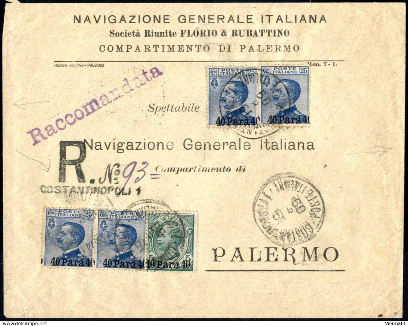 Cover 1909, Raccomandata Del 19.8.1909 Da Costantinopoli A Palermo, Afrrancata Con 10 Para Su 5 C. Verde E Due Coppie Or - Unclassified